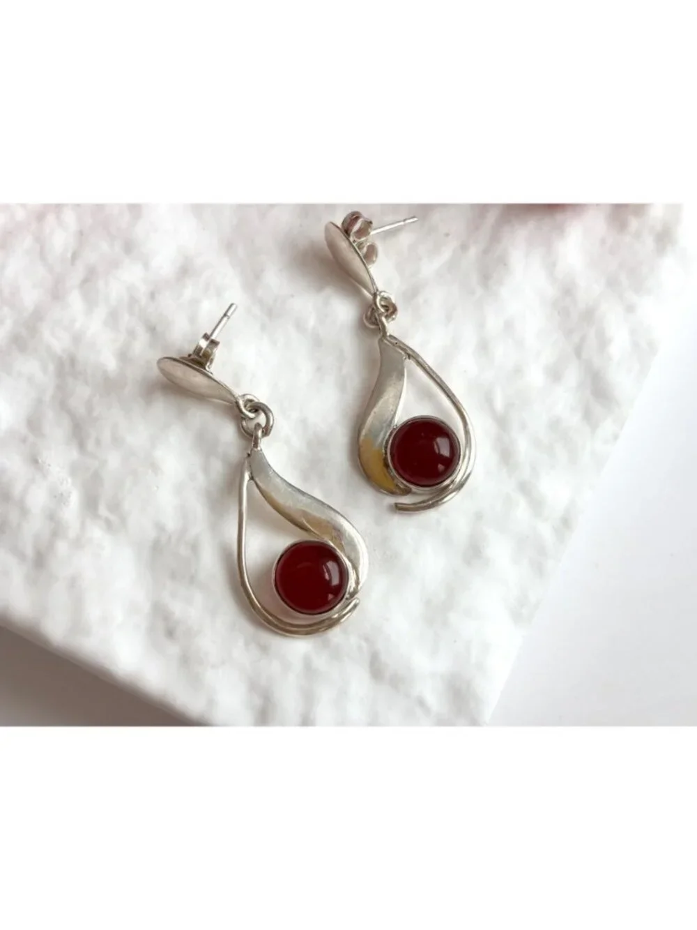 Carnelian Stone Midcentury Modern Stylized Vintage Sterling Silver 925 Earrings